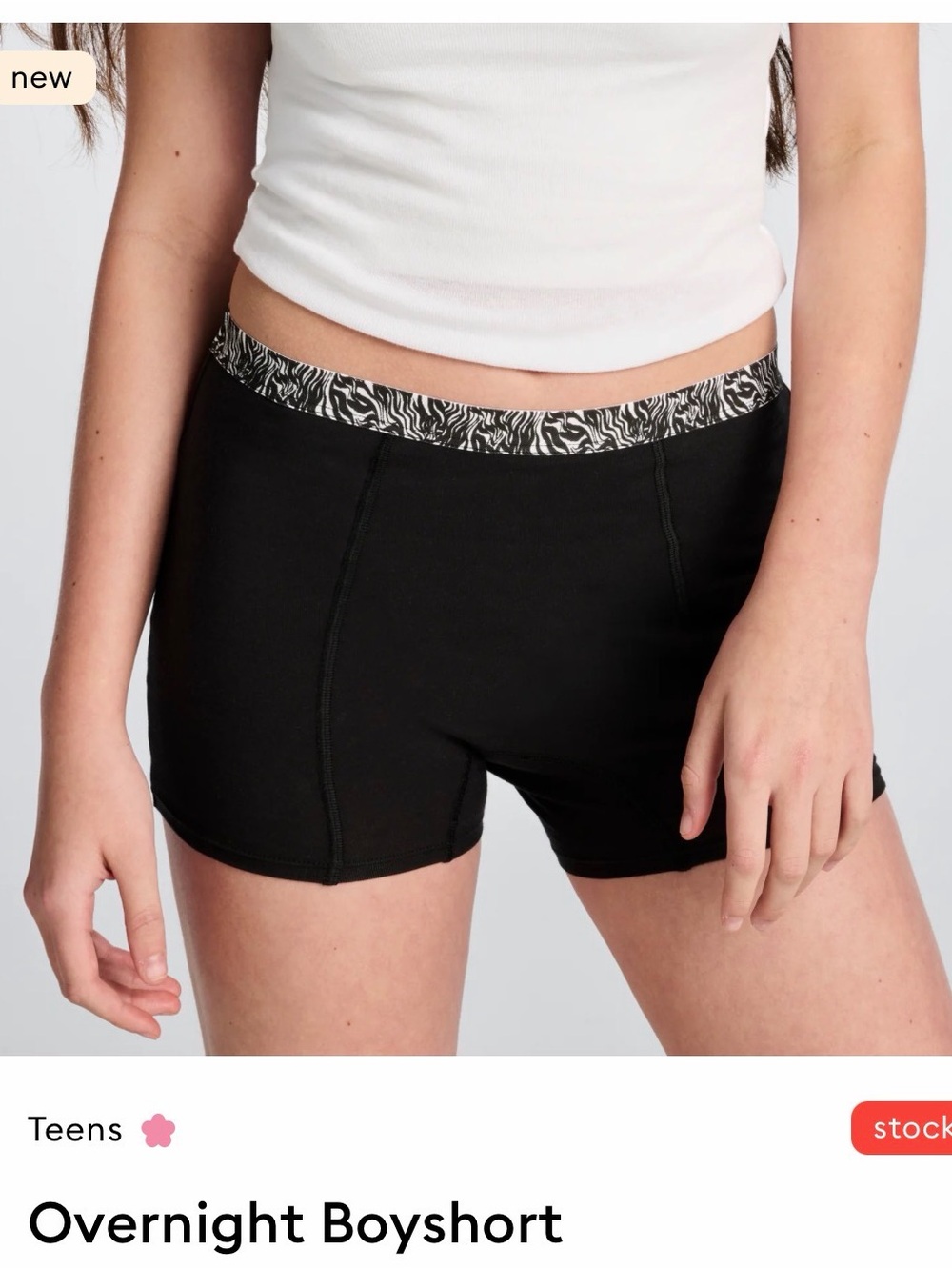 Thinx period underwear Black Boyshorts Zebra Waistband Teen 15-16 XL New